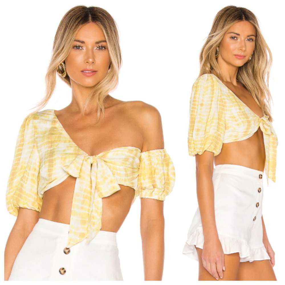 NWT Revolve Majorelle Alyssa Yellow Tie Dye Wrap Front Tie Crop Top